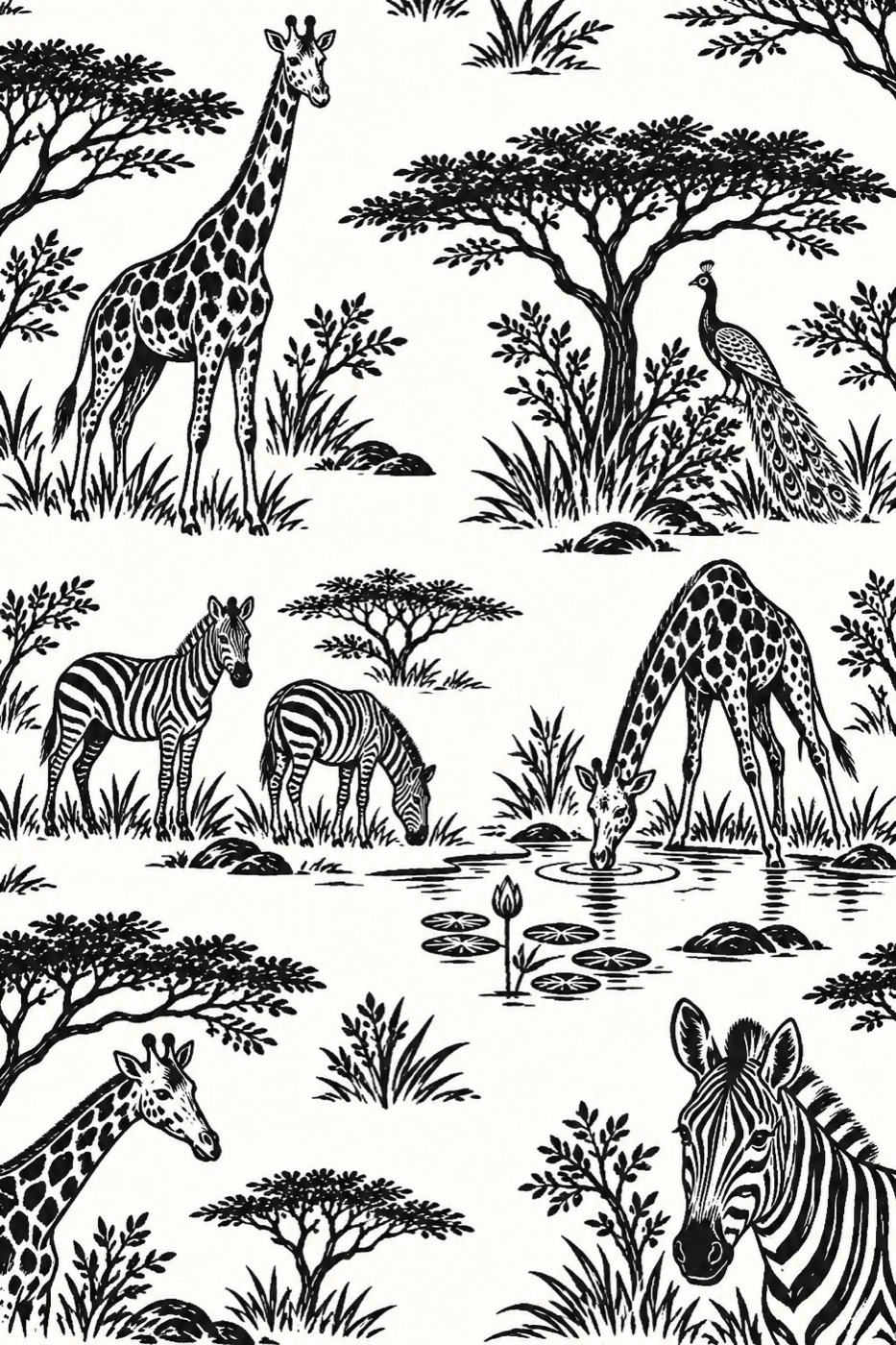 Our safari print: giraffes, zebras, acacia trees and a peacock, drawn in black on white